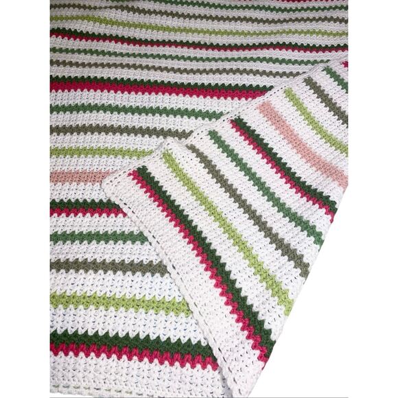 Handmade Crochet Striped Throw Blanket White Pink Green Afghan 50x56 Cozy Decor - Picture 4 of 4